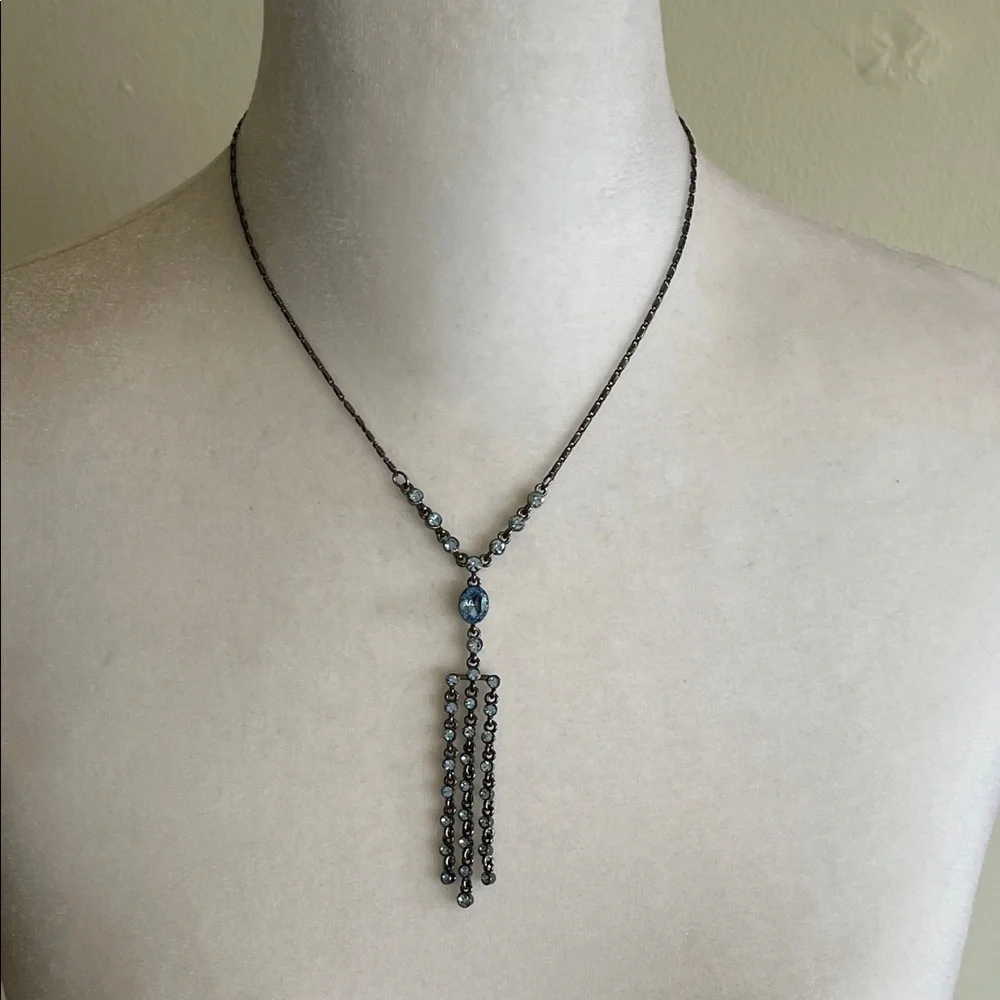 GIVENCHY Silver Gunmetal Necklace Y Drop Blue Crystals Vintage - Picture 3 of 17